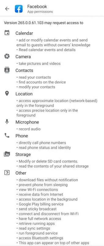 Facebook Privacy Mobile App Permissions List